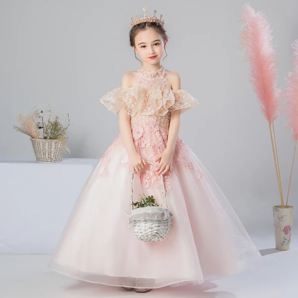 Romantic Pearl Pink Flower Girl Dresses 2019 A-Line / Princess High Neck Short Sleeve Appliques Lace Beading Pearl Rhinestone Floor-Length / Long Ruffle Backless Wedding Party Dresses