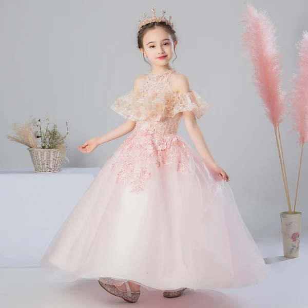 Romantic Pearl Pink Flower Girl Dresses 2019 A-Line / Princess High Neck Short Sleeve Appliques Lace Beading Pearl Rhinestone Floor-Length / Long Ruffle Backless Wedding Party Dresses