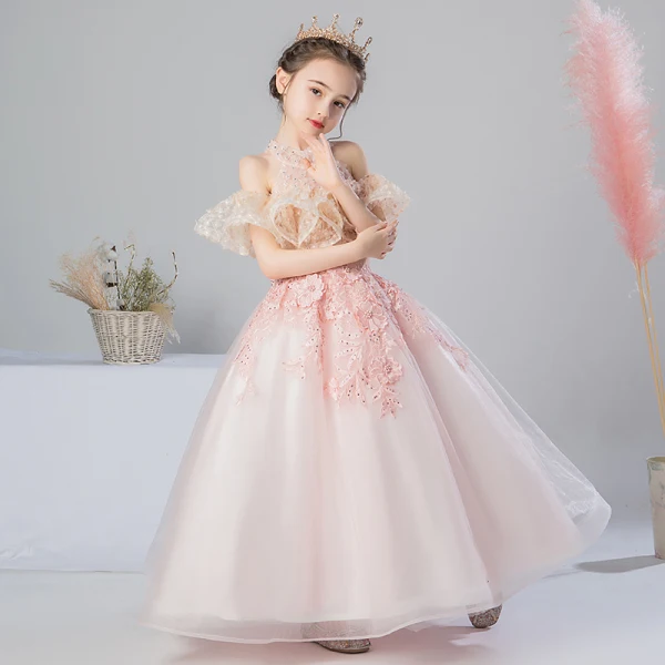 Romantic Pearl Pink Flower Girl Dresses 2019 A-Line / Princess High Neck Short Sleeve Appliques Lace Beading Pearl Rhinestone Floor-Length / Long Ruffle Backless Wedding Party Dresses