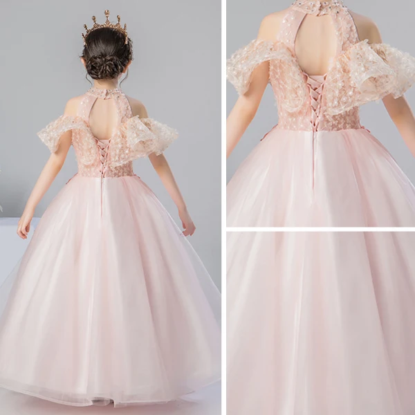 Romantic Pearl Pink Flower Girl Dresses 2019 A-Line / Princess High Neck Short Sleeve Appliques Lace Beading Pearl Rhinestone Floor-Length / Long Ruffle Backless Wedding Party Dresses