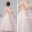 Romantic Pearl Pink Flower Girl Dresses 2019 A-Line / Princess High Neck Short Sleeve Appliques Lace Beading Pearl Rhinestone Floor-Length / Long Ruffle Backless Wedding Party Dresses