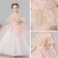 Romantic Pearl Pink Flower Girl Dresses 2019 A-Line / Princess High Neck Short Sleeve Appliques Lace Beading Pearl Rhinestone Floor-Length / Long Ruffle Backless Wedding Party Dresses