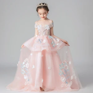 Chic Belle Perle Rose Robe Ceremonie Fille 2019 Princesse De L 039 Épaule Manches Courtes Appliques En Dentelle Fleur Perlage Perle Train De Balayage Volants Dos Nu Robe Pour Mariage