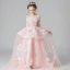 Chic / Beautiful Pearl Pink Flower Girl Dresses 2019 A-Line / Princess Off-The-Shoulder Short Sleeve Appliques Lace Flower Beading Pearl Sweep Train Ruffle Backless Wedding Party Dresses