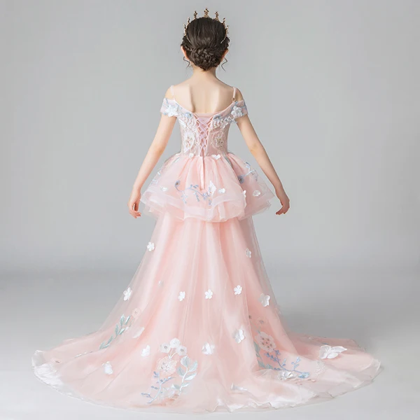 Chic / Beautiful Pearl Pink Flower Girl Dresses 2019 A-Line / Princess Off-The-Shoulder Short Sleeve Appliques Lace Flower Beading Pearl Sweep Train Ruffle Backless Wedding Party Dresses