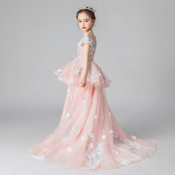 Chic / Beautiful Pearl Pink Flower Girl Dresses 2019 A-Line / Princess Off-The-Shoulder Short Sleeve Appliques Lace Flower Beading Pearl Sweep Train Ruffle Backless Wedding Party Dresses