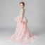 Chic / Beautiful Pearl Pink Flower Girl Dresses 2019 A-Line / Princess Off-The-Shoulder Short Sleeve Appliques Lace Flower Beading Pearl Sweep Train Ruffle Backless Wedding Party Dresses