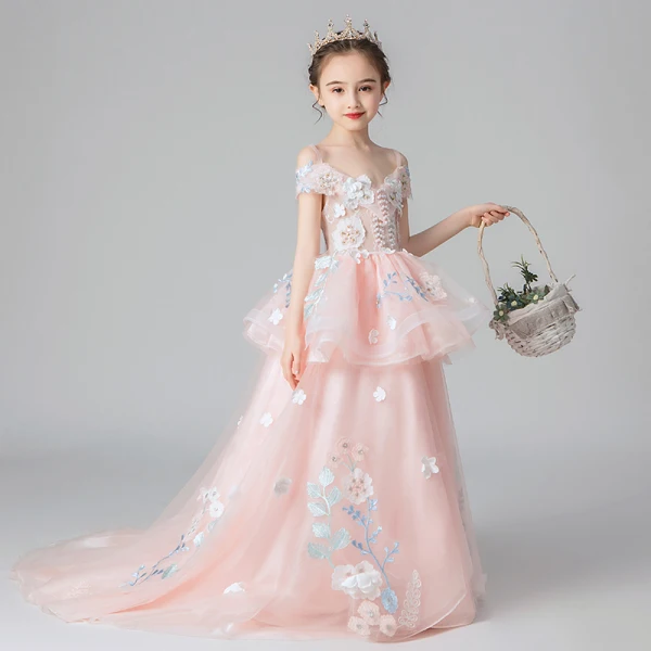 Chic / Beautiful Pearl Pink Flower Girl Dresses 2019 A-Line / Princess Off-The-Shoulder Short Sleeve Appliques Lace Flower Beading Pearl Sweep Train Ruffle Backless Wedding Party Dresses