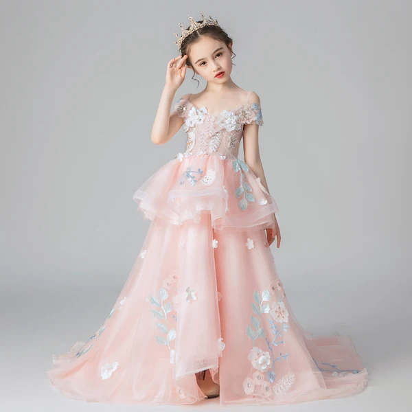 Chic / Beautiful Pearl Pink Flower Girl Dresses 2019 A-Line / Princess Off-The-Shoulder Short Sleeve Appliques Lace Flower Beading Pearl Sweep Train Ruffle Backless Wedding Party Dresses