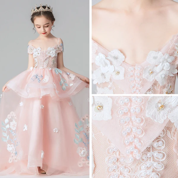 Chic / Beautiful Pearl Pink Flower Girl Dresses 2019 A-Line / Princess Off-The-Shoulder Short Sleeve Appliques Lace Flower Beading Pearl Sweep Train Ruffle Backless Wedding Party Dresses