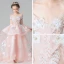 Chic / Beautiful Pearl Pink Flower Girl Dresses 2019 A-Line / Princess Off-The-Shoulder Short Sleeve Appliques Lace Flower Beading Pearl Sweep Train Ruffle Backless Wedding Party Dresses
