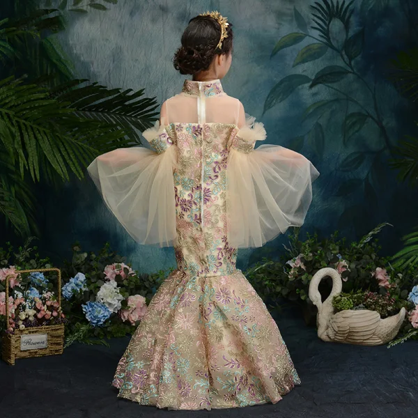 Style Chinois Champagne Transparentes Robe Ceremonie Fille 2019 Trompette / Sirène Col Haut Manches de cloche Appliques En Dentelle Perlage Longue Robe Pour Mariage