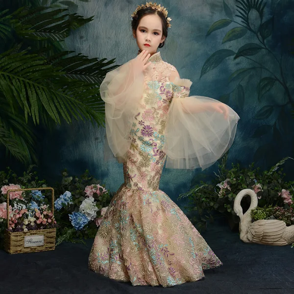 Style Chinois Champagne Transparentes Robe Ceremonie Fille 2019 Trompette / Sirène Col Haut Manches de cloche Appliques En Dentelle Perlage Longue Robe Pour Mariage