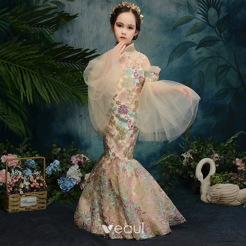 Chinese style Champagne See through Flower Girl Dresses 2019 Trumpet Mermaid High Neck Bell sleeves Appliques