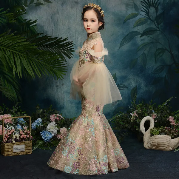 Style Chinois Champagne Transparentes Robe Ceremonie Fille 2019 Trompette / Sirène Col Haut Manches de cloche Appliques En Dentelle Perlage Longue Robe Pour Mariage