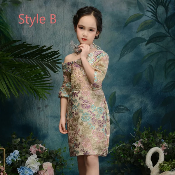 Style Chinois Champagne Transparentes Robe Ceremonie Fille 2019 Trompette / Sirène Col Haut Manches de cloche Appliques En Dentelle Perlage Longue Robe Pour Mariage