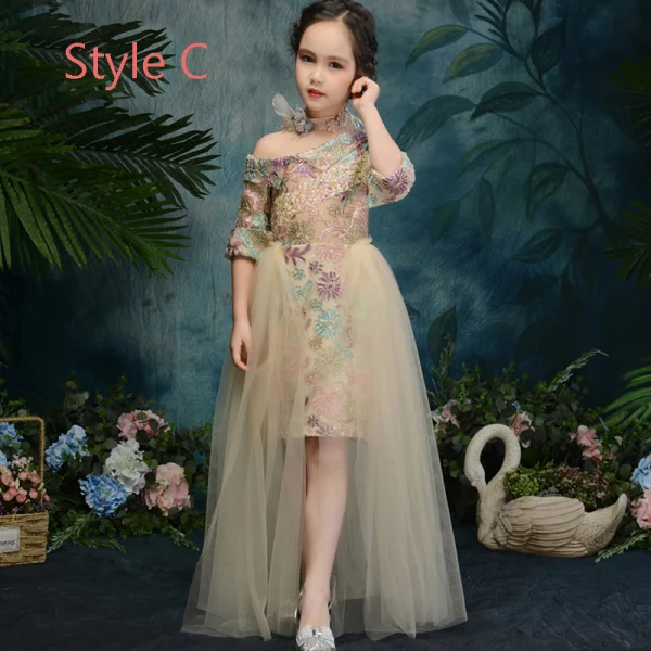 Style Chinois Champagne Transparentes Robe Ceremonie Fille 2019 Trompette / Sirène Col Haut Manches de cloche Appliques En Dentelle Perlage Longue Robe Pour Mariage