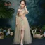 Style Chinois Champagne Transparentes Robe Ceremonie Fille 2019 Trompette / Sirène Col Haut Manches de cloche Appliques En Dentelle Perlage Longue Robe Pour Mariage