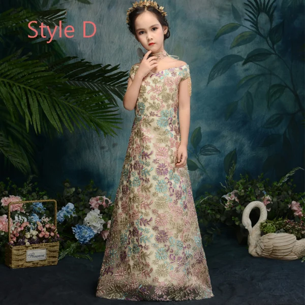 Style Chinois Champagne Transparentes Robe Ceremonie Fille 2019 Trompette / Sirène Col Haut Manches de cloche Appliques En Dentelle Perlage Longue Robe Pour Mariage