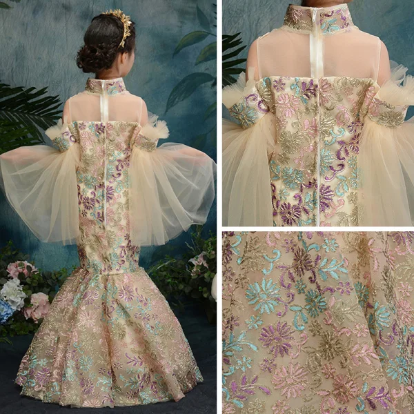 Style Chinois Champagne Transparentes Robe Ceremonie Fille 2019 Trompette / Sirène Col Haut Manches de cloche Appliques En Dentelle Perlage Longue Robe Pour Mariage