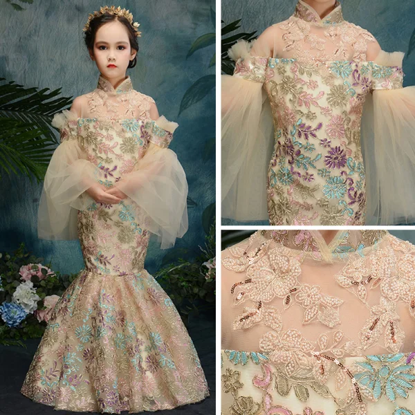 Style Chinois Champagne Transparentes Robe Ceremonie Fille 2019 Trompette / Sirène Col Haut Manches de cloche Appliques En Dentelle Perlage Longue Robe Pour Mariage