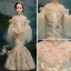 Style Chinois Champagne Transparentes Robe Ceremonie Fille 2019 Trompette / Sirène Col Haut Manches de cloche Appliques En Dentelle Perlage Longue Robe Pour Mariage