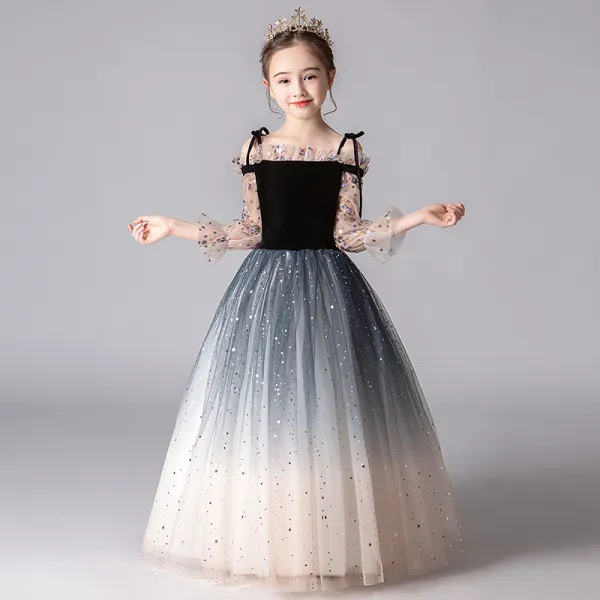 Romantic Black Gradient-Color Flower Girl Dresses 2019 A-Line / Princess Off-The-Shoulder Puffy 3/4 Sleeve Sequins Glitter Tulle Floor-Length / Long Ruffle Backless Wedding Party Dresses