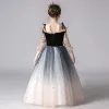 Romantic Black Gradient-Color Flower Girl Dresses 2019 A-Line / Princess Off-The-Shoulder Puffy 3/4 Sleeve Sequins Glitter Tulle Floor-Length / Long Ruffle Backless Wedding Party Dresses
