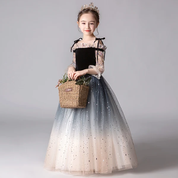 Romantic Black Gradient-Color Flower Girl Dresses 2019 A-Line / Princess Off-The-Shoulder Puffy 3/4 Sleeve Sequins Glitter Tulle Floor-Length / Long Ruffle Backless Wedding Party Dresses