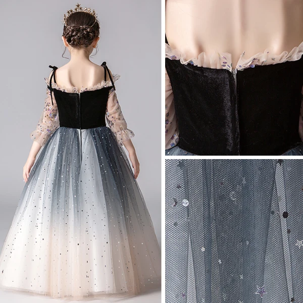 Romantic Black Gradient-Color Flower Girl Dresses 2019 A-Line / Princess Off-The-Shoulder Puffy 3/4 Sleeve Sequins Glitter Tulle Floor-Length / Long Ruffle Backless Wedding Party Dresses