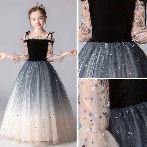 Romantic Black Gradient-Color Flower Girl Dresses 2019 A-Line / Princess Off-The-Shoulder Puffy 3/4 Sleeve Sequins Glitter Tulle Floor-Length / Long Ruffle Backless Wedding Party Dresses