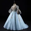 Luxury / Gorgeous Sky Blue Flower Girl Dresses 2019 Ball Gown V-Neck Bell sleeves Embroidered Beading Sweep Train Backless Wedding Party Dresses