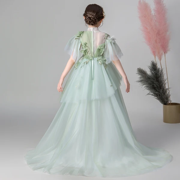 Flower Fairy Green See-through Flower Girl Dresses 2019 Empire High Neck Sleeveless Appliques Flower Sweep Train Ruffle Wedding Party Dresses