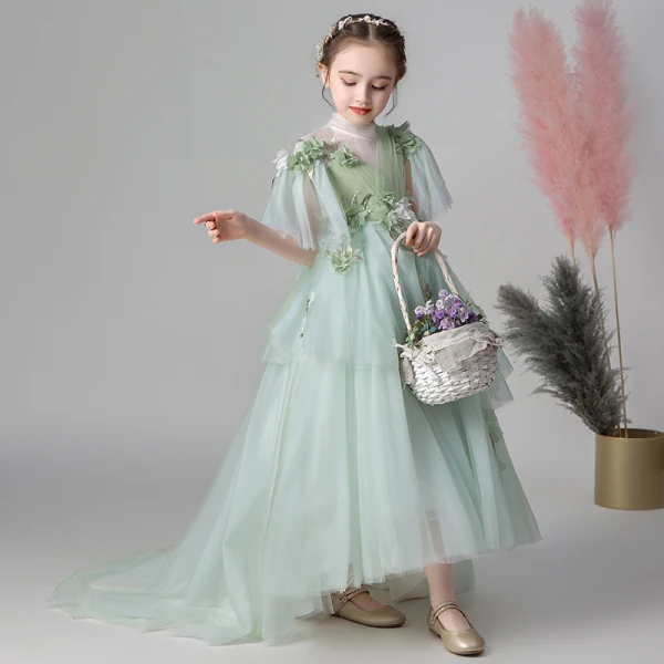 Flower Fairy Green See-through Flower Girl Dresses 2019 Empire High Neck Sleeveless Appliques Flower Sweep Train Ruffle Wedding Party Dresses