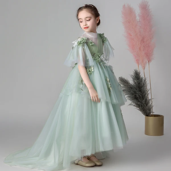 Flower Fairy Green See-through Flower Girl Dresses 2019 Empire High Neck Sleeveless Appliques Flower Sweep Train Ruffle Wedding Party Dresses
