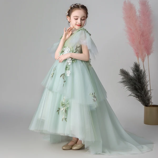 Flower Fairy Green See-through Flower Girl Dresses 2019 Empire High Neck Sleeveless Appliques Flower Sweep Train Ruffle Wedding Party Dresses