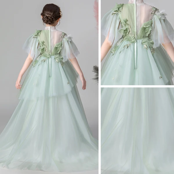 Flower Fairy Green See-through Flower Girl Dresses 2019 Empire High Neck Sleeveless Appliques Flower Sweep Train Ruffle Wedding Party Dresses