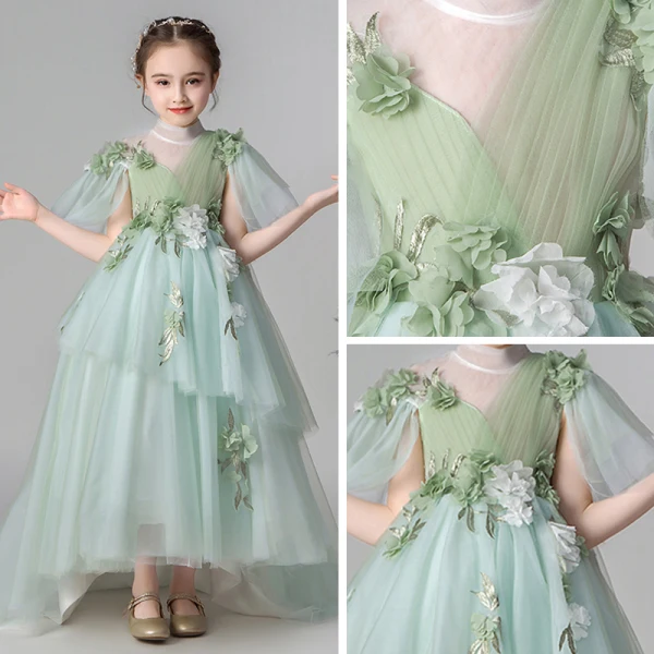 Flower Fairy Green See-through Flower Girl Dresses 2019 Empire High Neck Sleeveless Appliques Flower Sweep Train Ruffle Wedding Party Dresses