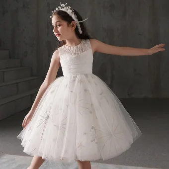 Chic Belle Ivoire Robe Ceremonie Fille 2019 Robe Boule Encolure Dégagée Sans Manches Noeud Appliques En Dentelle Perlage Courte Volants Robe Pour Mariage