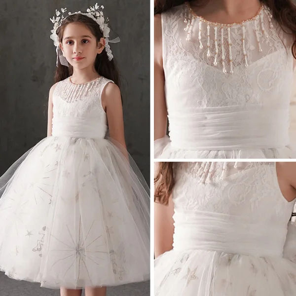 Chic / Beautiful Ivory Flower Girl Dresses 2019 Ball Gown Scoop Neck Sleeveless Bow Appliques Lace Beading Short Ruffle Wedding Party Dresses