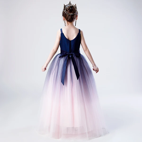 Chic / Belle Bleu Marine Dégradé De Couleur Robe Ceremonie Fille 2019 Robe Boule V-Cou Sans Manches Ceinture Longue Volants Dos Nu Robe Pour Mariage