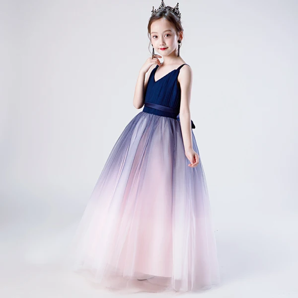 Chic / Belle Bleu Marine Dégradé De Couleur Robe Ceremonie Fille 2019 Robe Boule V-Cou Sans Manches Ceinture Longue Volants Dos Nu Robe Pour Mariage