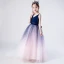 Chic / Belle Bleu Marine Dégradé De Couleur Robe Ceremonie Fille 2019 Robe Boule V-Cou Sans Manches Ceinture Longue Volants Dos Nu Robe Pour Mariage