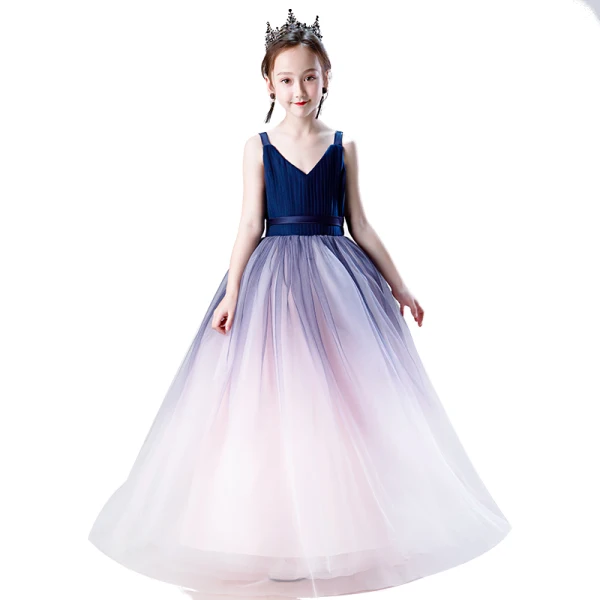 Chic / Belle Bleu Marine Dégradé De Couleur Robe Ceremonie Fille 2019 Robe Boule V-Cou Sans Manches Ceinture Longue Volants Dos Nu Robe Pour Mariage