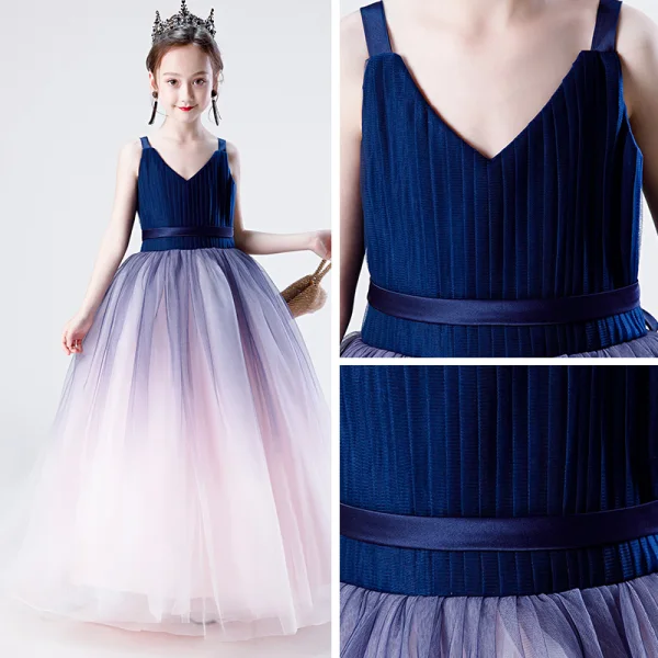 Chic / Belle Bleu Marine Dégradé De Couleur Robe Ceremonie Fille 2019 Robe Boule V-Cou Sans Manches Ceinture Longue Volants Dos Nu Robe Pour Mariage