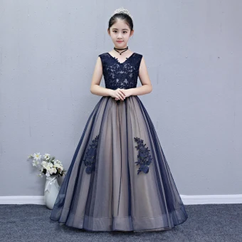 Chic Belle Bleu Marine Robe Ceremonie Fille 2019 Princesse V Cou Sans Manches Appliques En Dentelle Train De Balayage Volants Dos Nu Robe Pour Mariage