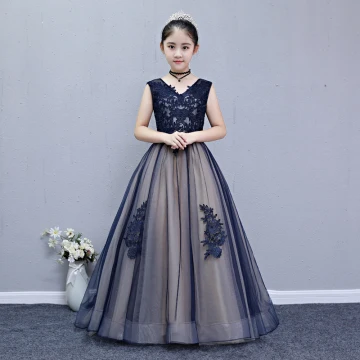 Chic Beautiful Navy Blue Flower Girl Dresses 2019 A Line Princess V Neck Sleeveless Appliques Lace Sweep Train Ruffle Backless Wedding Party Dresses