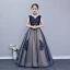 Chic / Beautiful Navy Blue Flower Girl Dresses 2019 A-Line / Princess V-Neck Sleeveless Appliques Lace Sweep Train Ruffle Backless Wedding Party Dresses