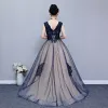 Chic / Beautiful Navy Blue Flower Girl Dresses 2019 A-Line / Princess V-Neck Sleeveless Appliques Lace Sweep Train Ruffle Backless Wedding Party Dresses