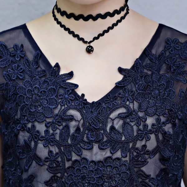 Chic / Beautiful Navy Blue Flower Girl Dresses 2019 A-Line / Princess V-Neck Sleeveless Appliques Lace Sweep Train Ruffle Backless Wedding Party Dresses